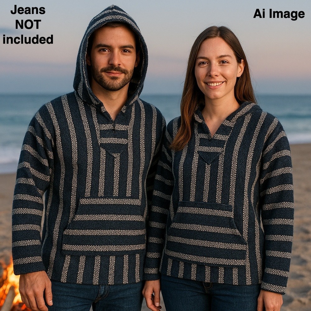 Artesanias Mickey Mexican Baja Sz. Med Hoodie Pullover Blue Gray Boho‎ Coastal